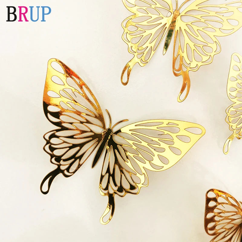 12Pcs/lot New 3D Hollow Golden Silver Butterfly Wall Stickers Home Decorations Wall Decals for Party Wedding Display Nursery, Kids