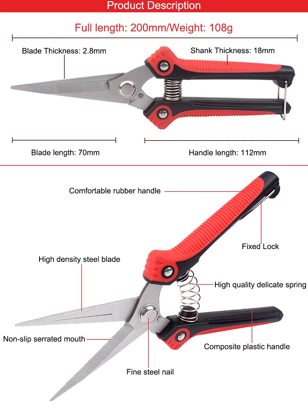 RDDSPON Pruning Shear Scissors Stainless Steel Non-Slip Handle Sharp Garden Fruit Tree Pruning Very Sharp Garden Tools