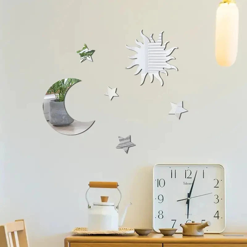 6pcs Star & Moon Combination Mirror Wall Sticker for Bedroom and Living Room - Ramadan Kareem, Holiday, Nursery kids