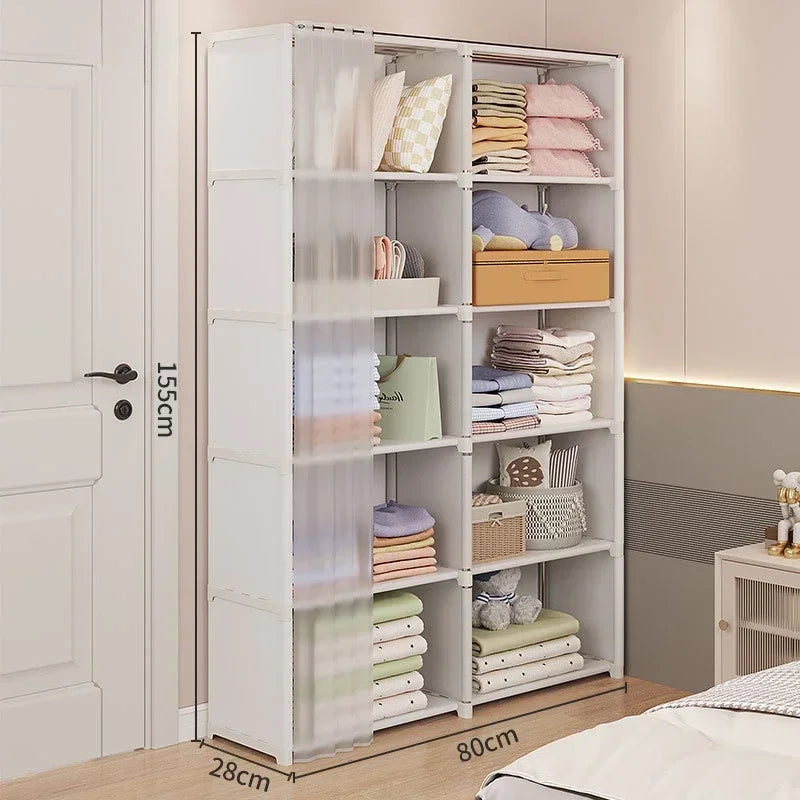 Dustproof Wardrobe Multi-Layer Storage Rack with Curtains Simple Bookshelf Bedroom Wardrobes Large Capacity closet Organizer