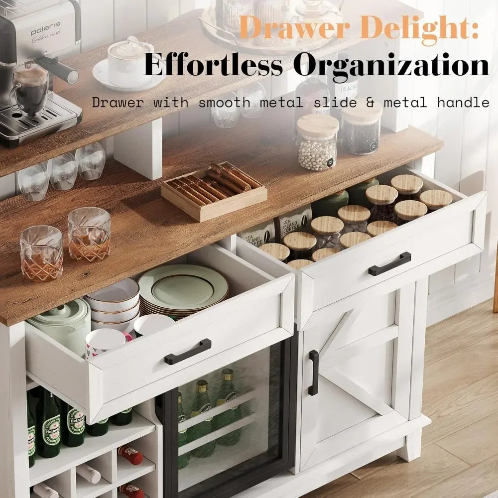 47" Farmhouse Coffee Bar Cabinet with 15" Refrigerator & Wine Rack & Glass Holder,Sideboard Buffet Cabinet for Dinging Room