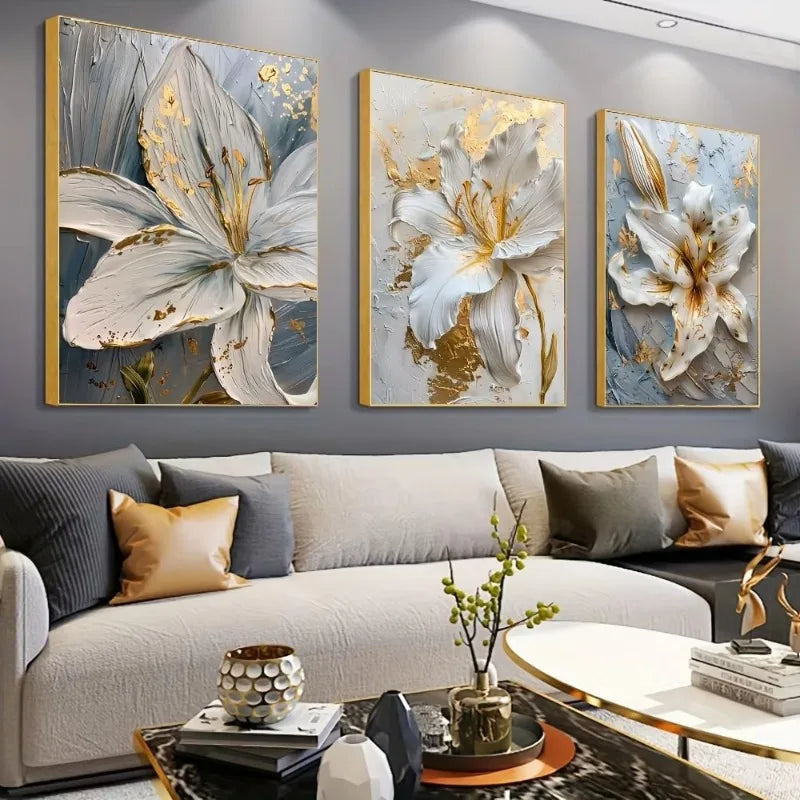 Fashion Gold and White Flower Lily Flowers Wall Art for Bedroom Living Rome Home Decor
