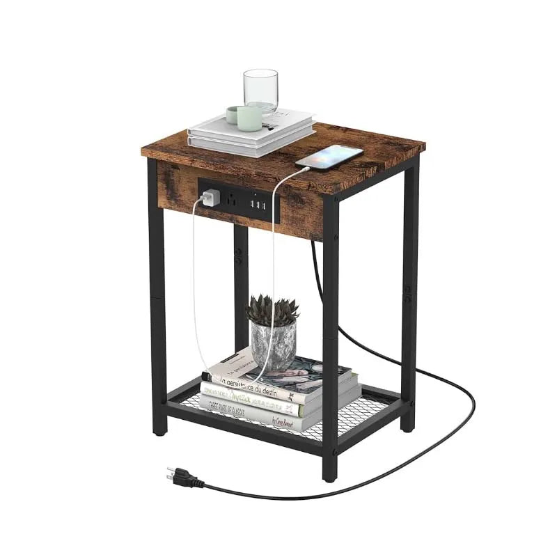 Nightstand with Charging Station Bedroom End Side Table with USB Ports Stand 2-Tier Bedside Table
