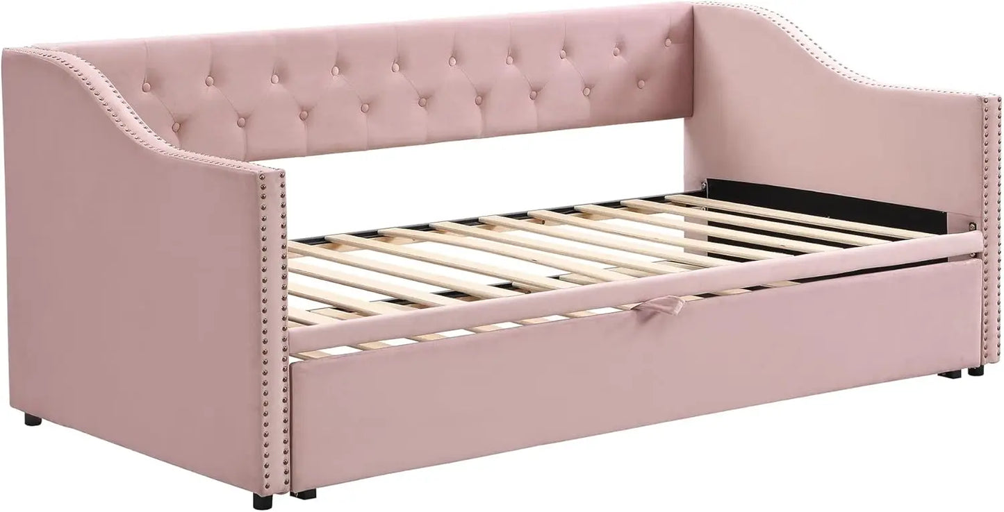 Twin To King Size Upholstered Daybed With Pop Up Trundle, Velvet Daybed Sofa Bed With Armrests For Bedroom Guest Room