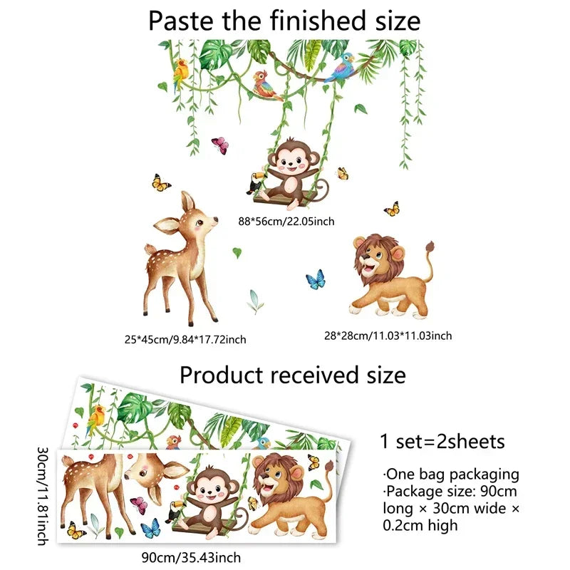 Large Jungle Animals Theme Wall Stickers for Boys Girls Baby Nursery Kids Bedroom Living Room Classroom Decorative Wall Decals