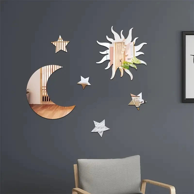 6pcs Star & Moon Combination Mirror Wall Sticker for Bedroom and Living Room - Ramadan Kareem, Holiday, Nursery kids