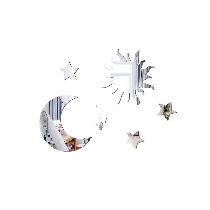 6pcs Star & Moon Combination Mirror Wall Sticker for Bedroom and Living Room - Ramadan Kareem, Holiday, Nursery kids