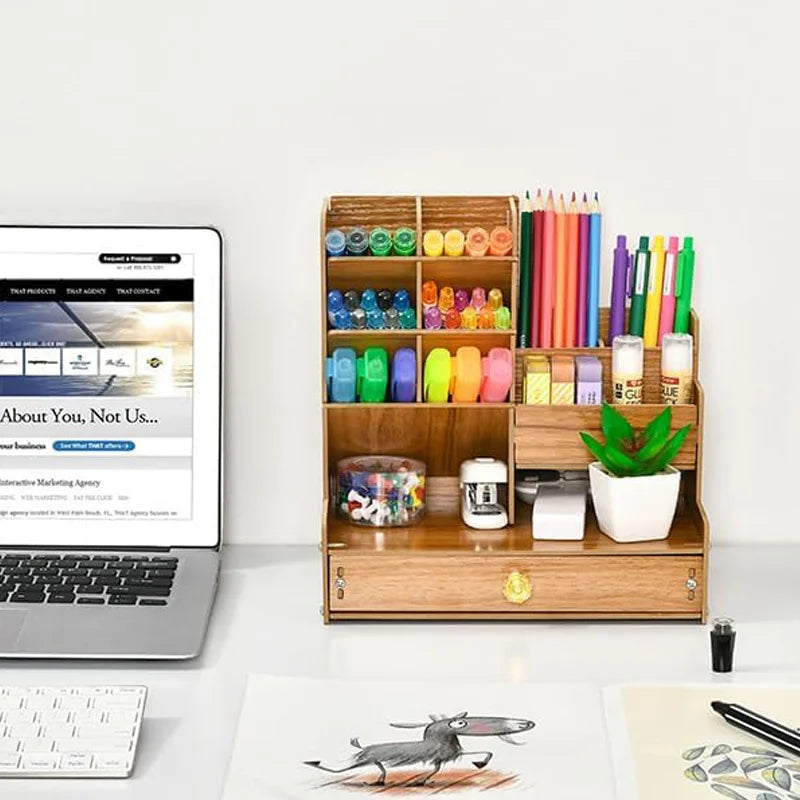 Wooden Desk Organizer Desktop Tidy Pen Holder Capacity Stationery Storage Box with Drawer for Home Office and School