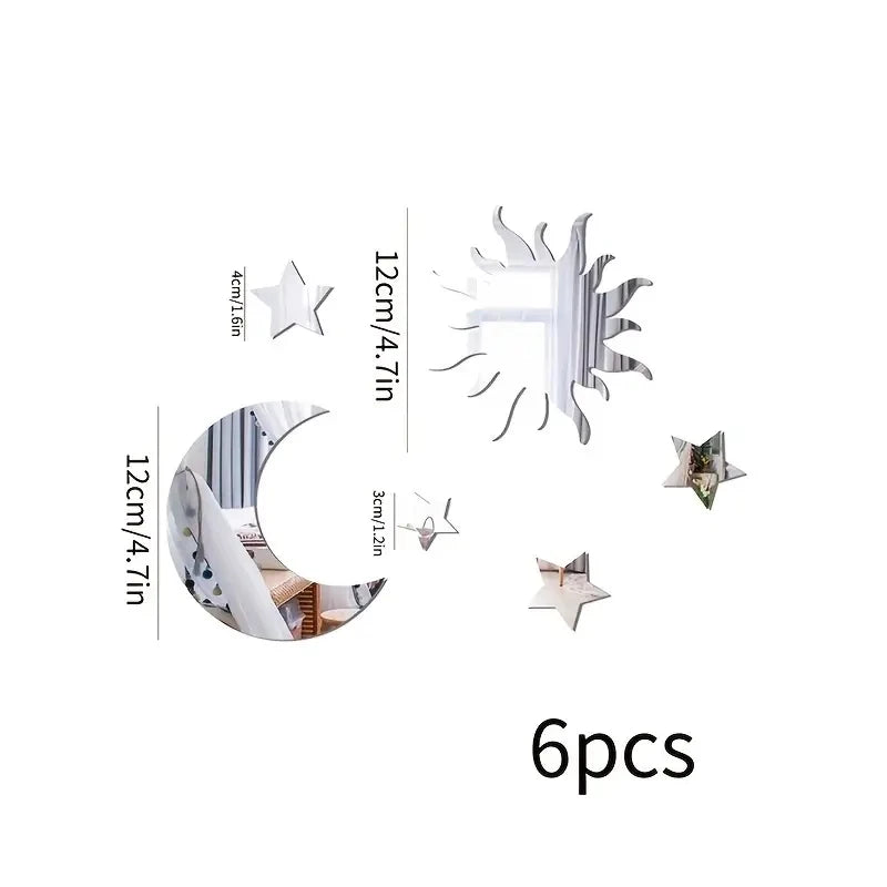 6pcs Star & Moon Combination Mirror Wall Sticker for Bedroom and Living Room - Ramadan Kareem, Holiday, Nursery kids