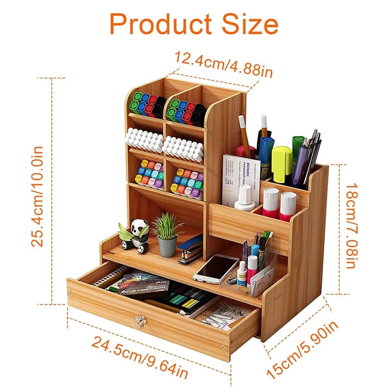 Wooden Desk Organizer Desktop Tidy Pen Holder Capacity Stationery Storage Box with Drawer for Home Office and School