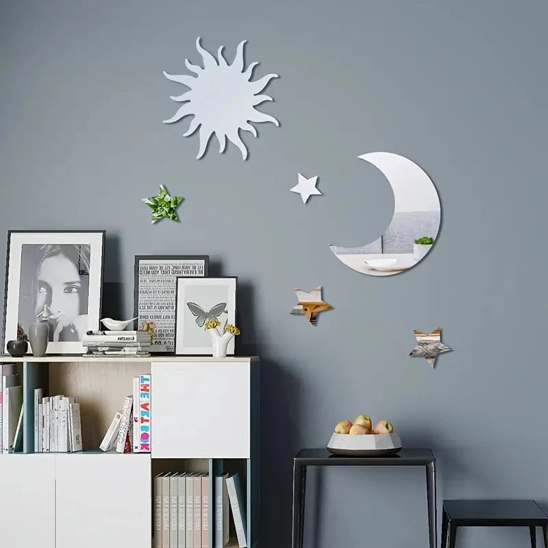 6pcs Star & Moon Combination Mirror Wall Sticker for Bedroom and Living Room - Ramadan Kareem, Holiday, Nursery kids