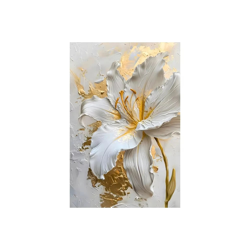 Fashion Gold and White Flower Lily Flowers Wall Art for Bedroom Living Rome Home Decor