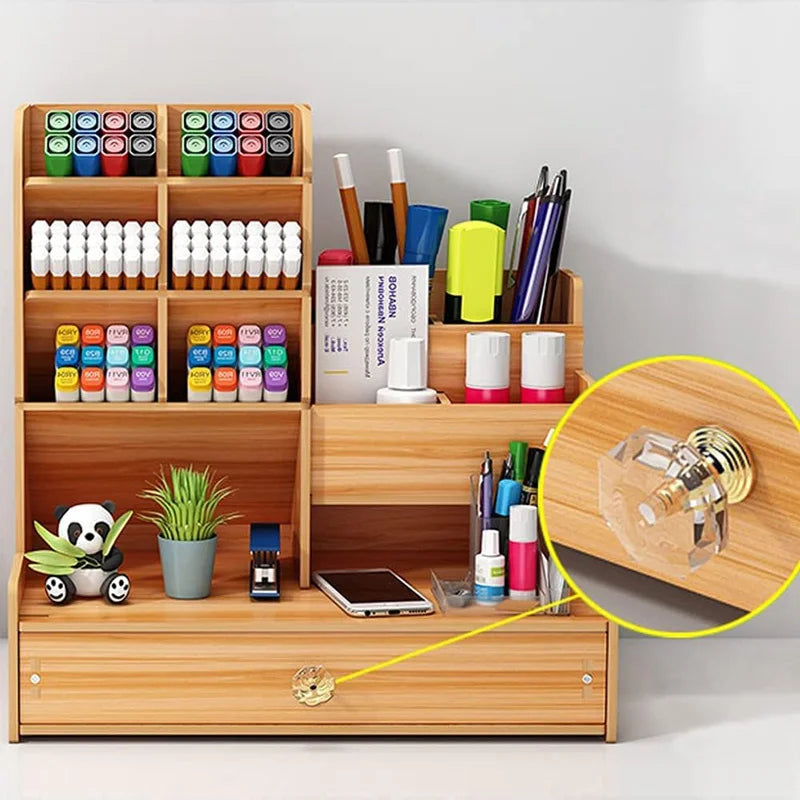 Wooden Desk Organizer Desktop Tidy Pen Holder Capacity Stationery Storage Box with Drawer for Home Office and School