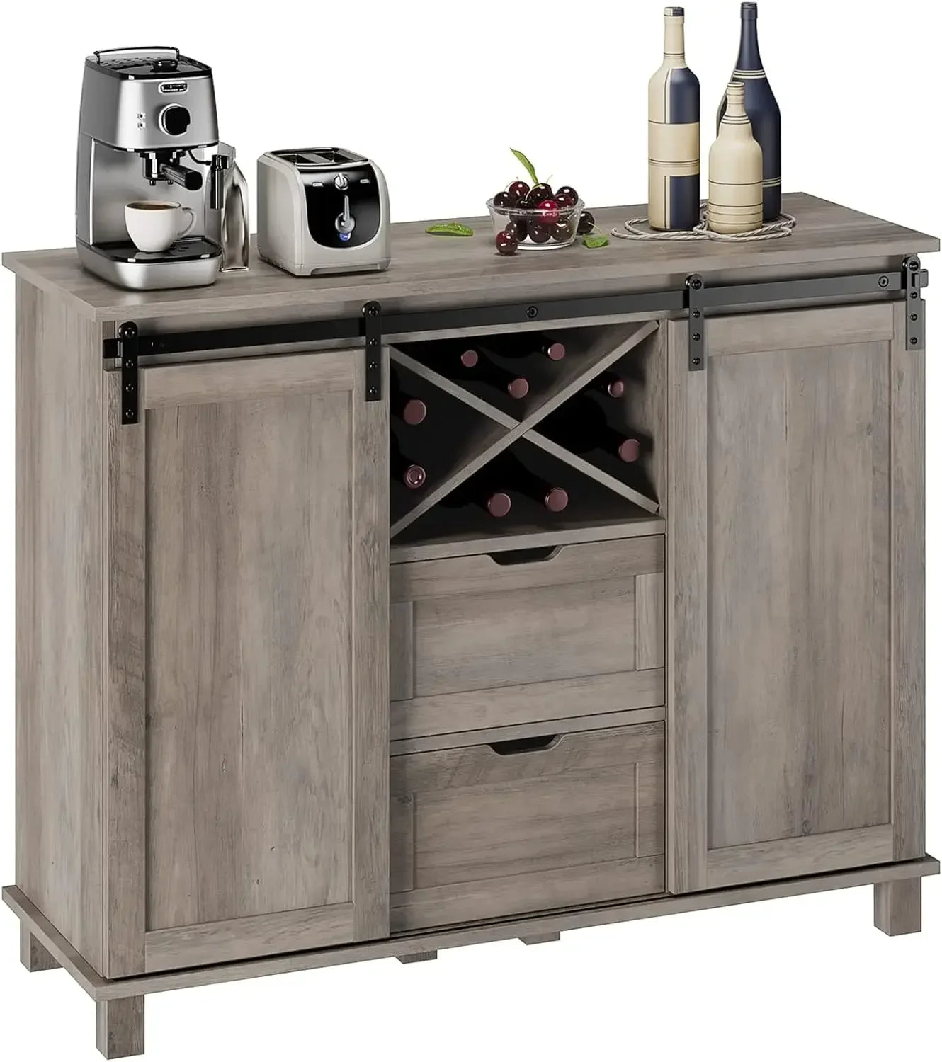 Farmhouse Buffet Sideboard, Coffee Bar Cabinet With Storage, Liquor Wine Cabinet With Sliding Barn Doors