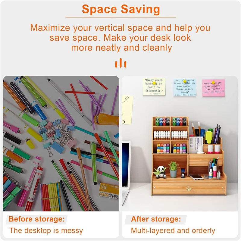 Wooden Desk Organizer Desktop Tidy Pen Holder Capacity Stationery Storage Box with Drawer for Home Office and School