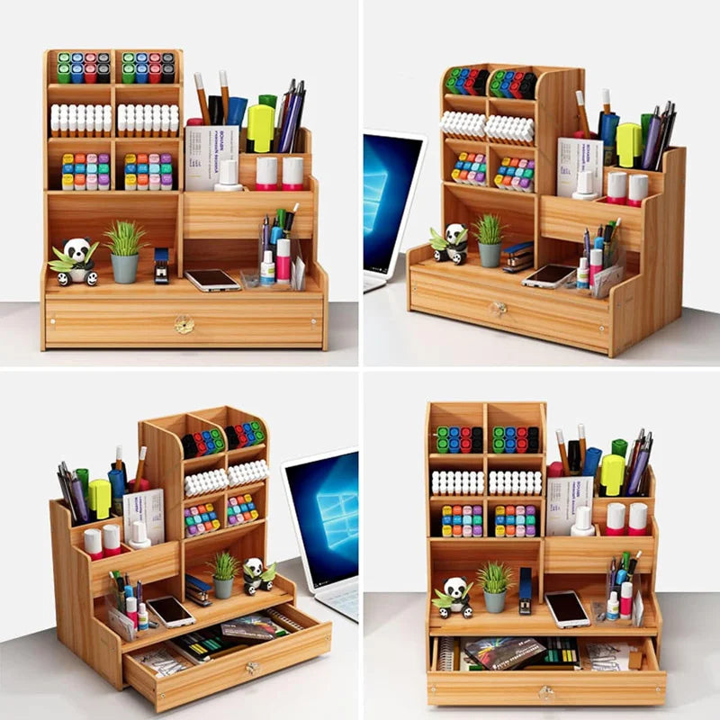 Wooden Desk Organizer Desktop Tidy Pen Holder Capacity Stationery Storage Box with Drawer for Home Office and School