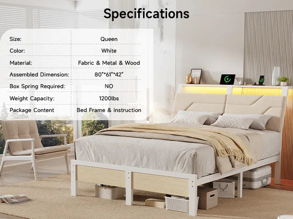 Queen Bed Frame with Headboard and LED Lights, Ergonomic Upholstered Queen Platform Bed Fame with Charging Station & Storage
