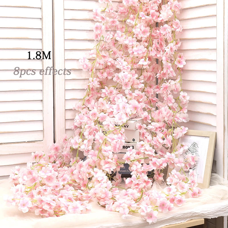Artificial Sakura Flowers Vine Hanging Floral Garland Garden Wedding Party Cherry Blossom Wall Decor Arrangement