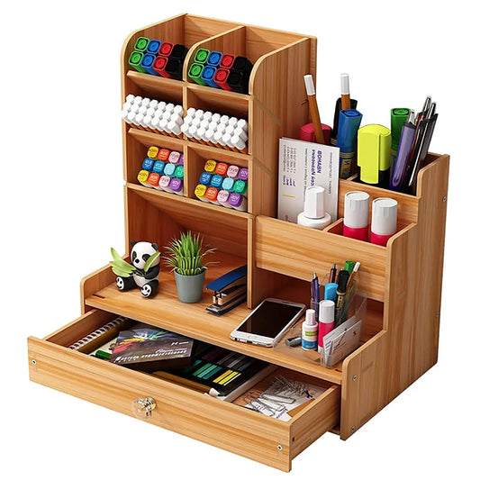 Wooden Desk Organizer  Desktop Tidy Pen Holder Capacity Stationery Storage Box with Drawer for Home Office and School